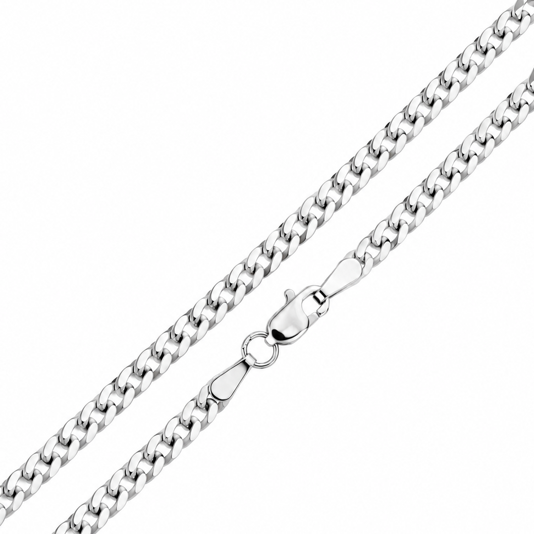 925 sterling silver curb link chain necklace with polished interlocking links on a white background.