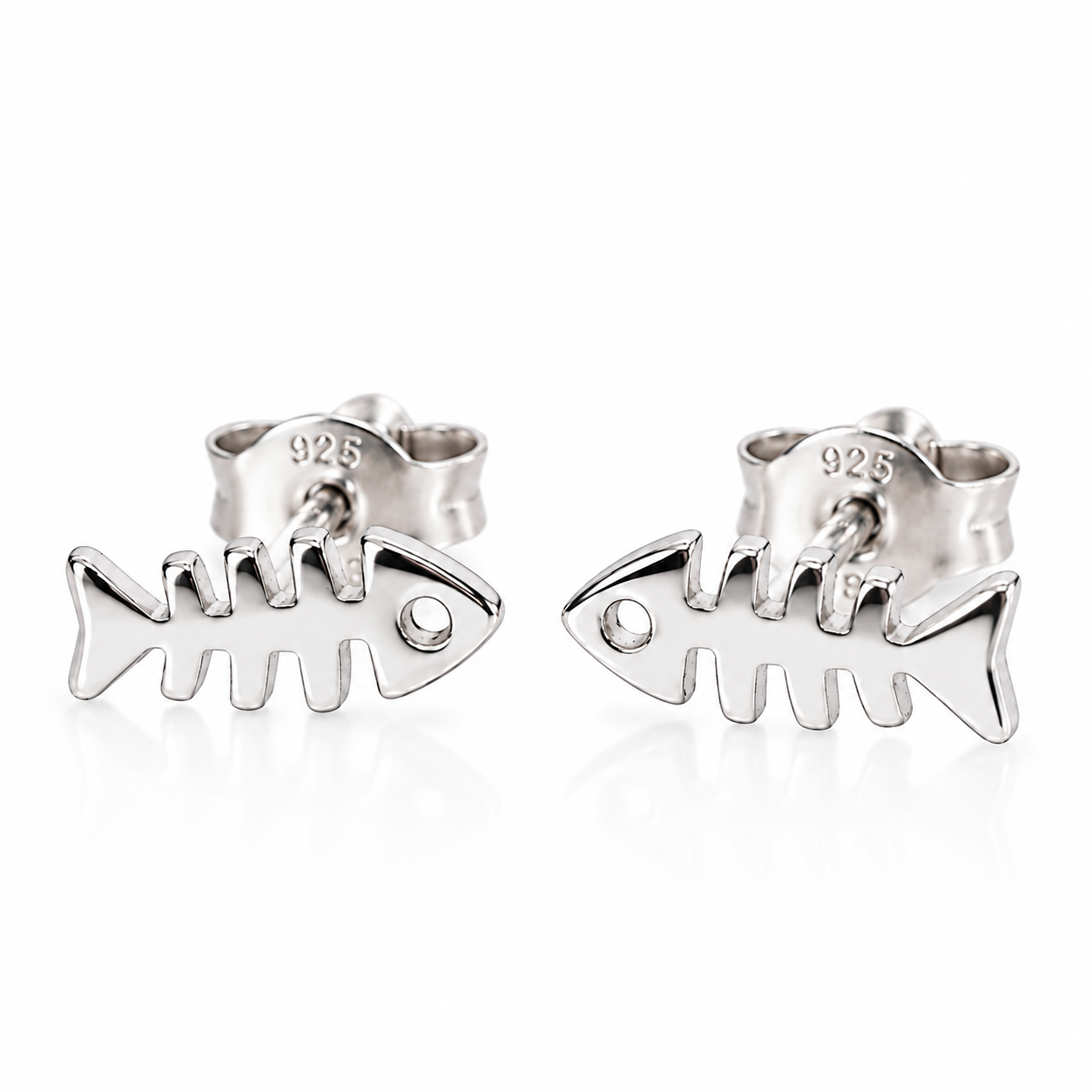 925 sterling silver mini fishbone stud earrings with polished finish and butterfly backs on a white background.
