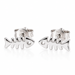 925 sterling silver mini fishbone stud earrings with polished finish and butterfly backs on a white background.