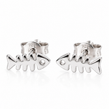 925 sterling silver mini fishbone stud earrings with polished finish and butterfly backs on a white background.