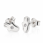 925 sterling silver Hamsa hand stud earrings with round clear center stones, polished finish and butterfly backs on a white background.