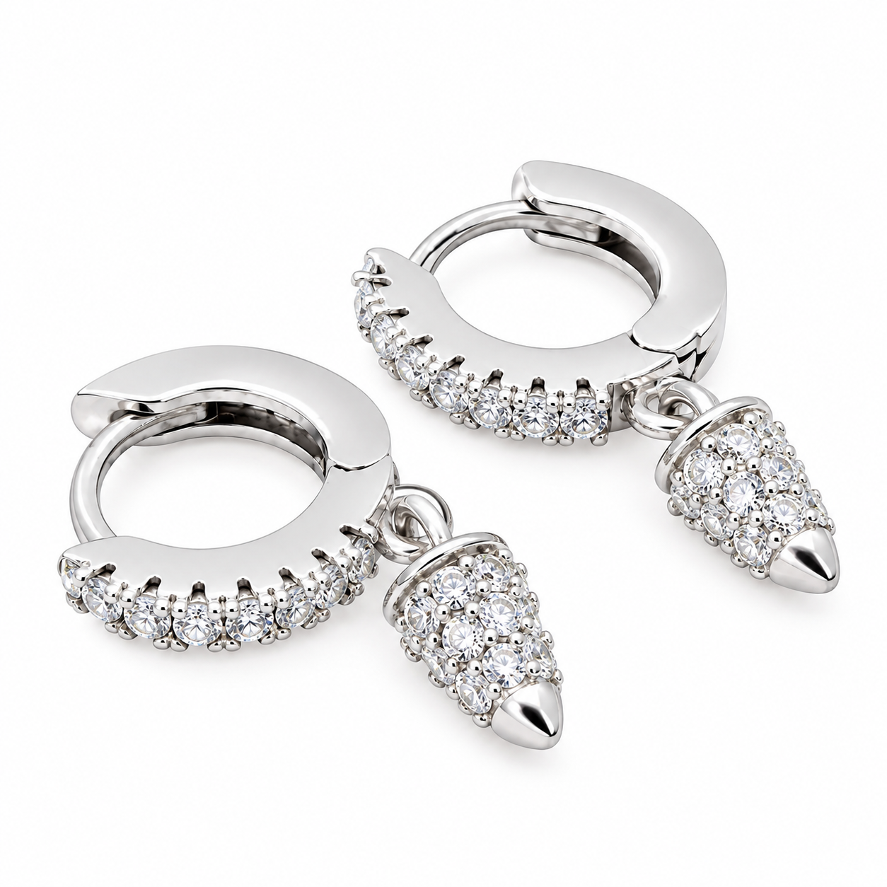 925 sterling silver huggie hoop earrings with cubic zirconia accents and dangling pavé cubic zirconia horn charms on a white background.