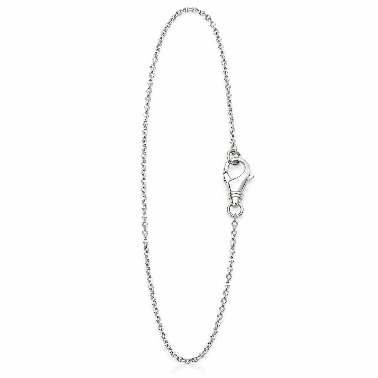 925 sterling silver 14-inch fine link necklace with an oversized polished lobster clasp and pendant holder design on a white background.