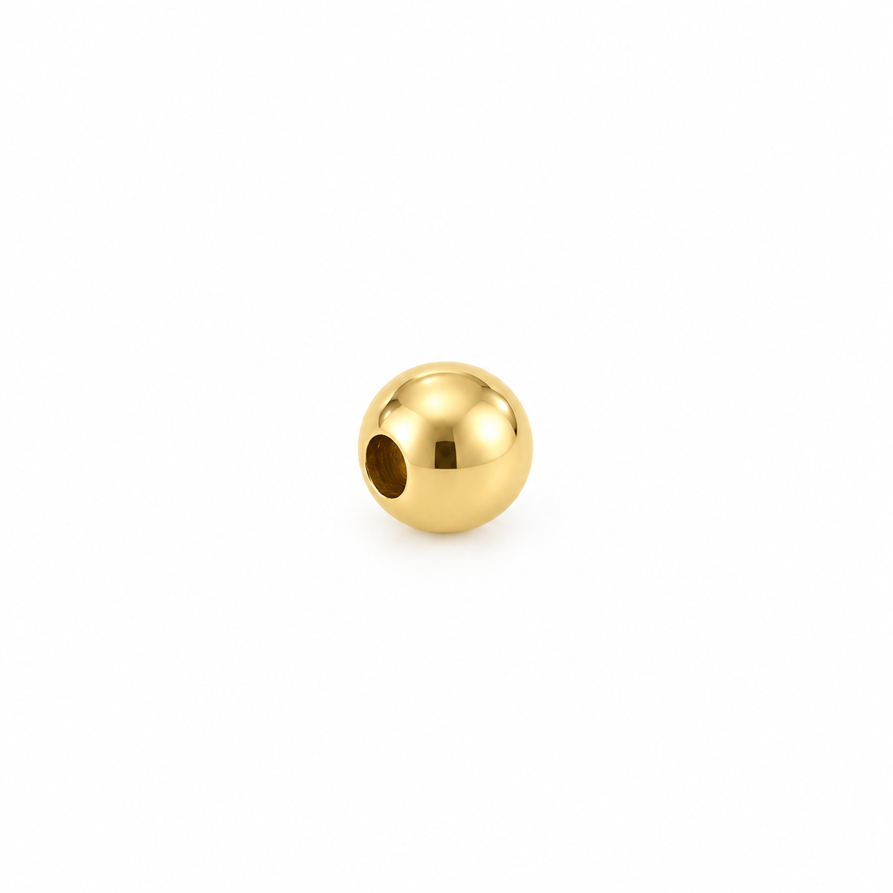 14K solid yellow gold round spacer bead measuring approximately 3.87 mm, featuring a polished finish and visible center hole on a pure white background.