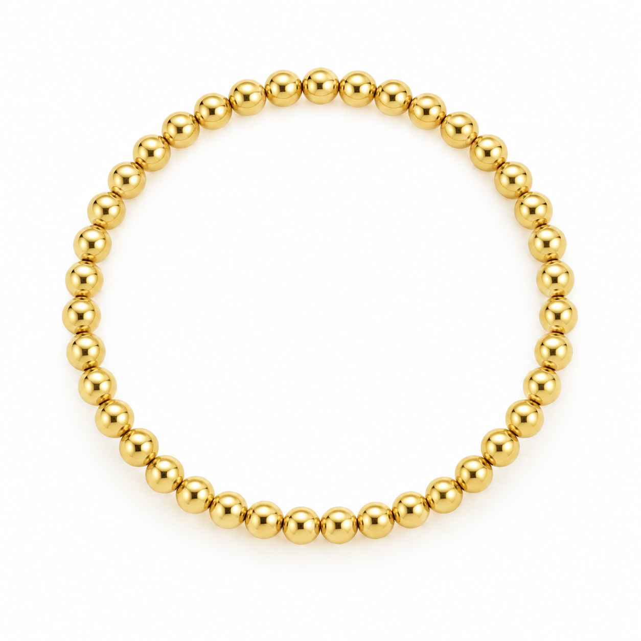 14K solid yellow gold elastic bracelet featuring 44 polished round beads measuring approximately 3.87 mm, arranged in a circle on a pure white background.