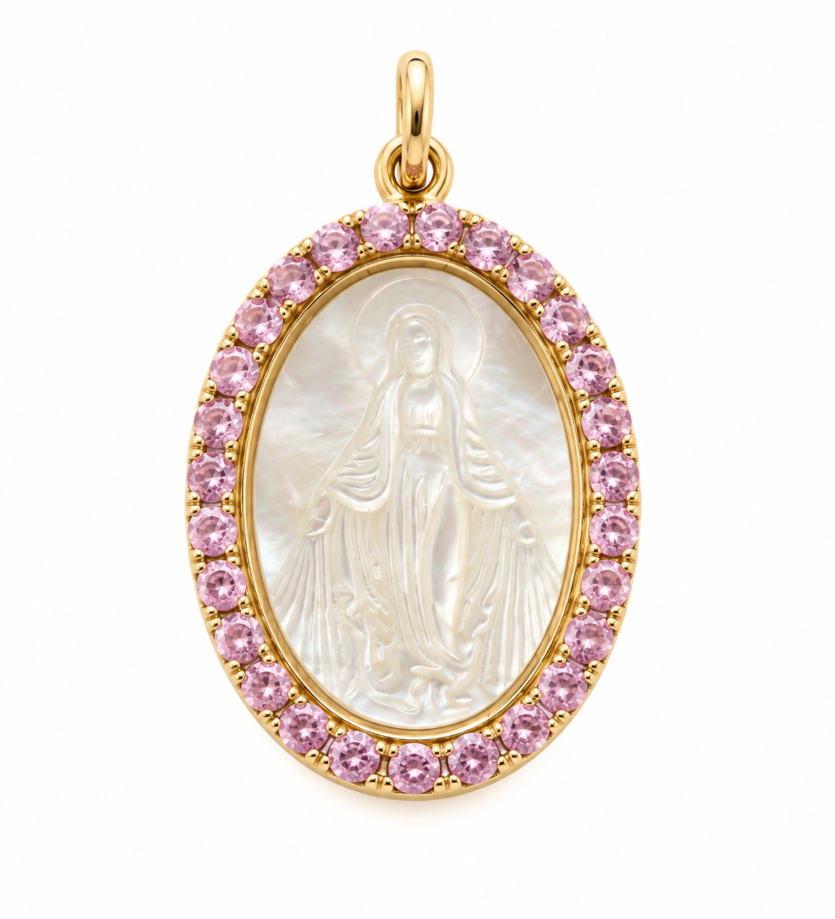 Front view of a 14K solid yellow gold Miraculous Medal featuring a mother-of-pearl center surrounded by cubic zirconia stones, with a custom birthstone. Pendant measures 24.4 x 19.3 mm with a 4 mm bail.