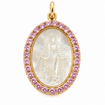Front view of a 14K solid yellow gold Miraculous Medal featuring a mother-of-pearl center surrounded by cubic zirconia stones, with a custom birthstone. Pendant measures 24.4 x 19.3 mm with a 4 mm bail.