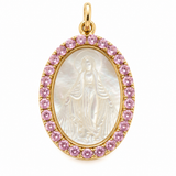 Front view of a 14K solid yellow gold Miraculous Medal featuring a mother-of-pearl center surrounded by cubic zirconia stones, with a custom birthstone. Pendant measures 24.4 x 19.3 mm with a 4 mm bail.