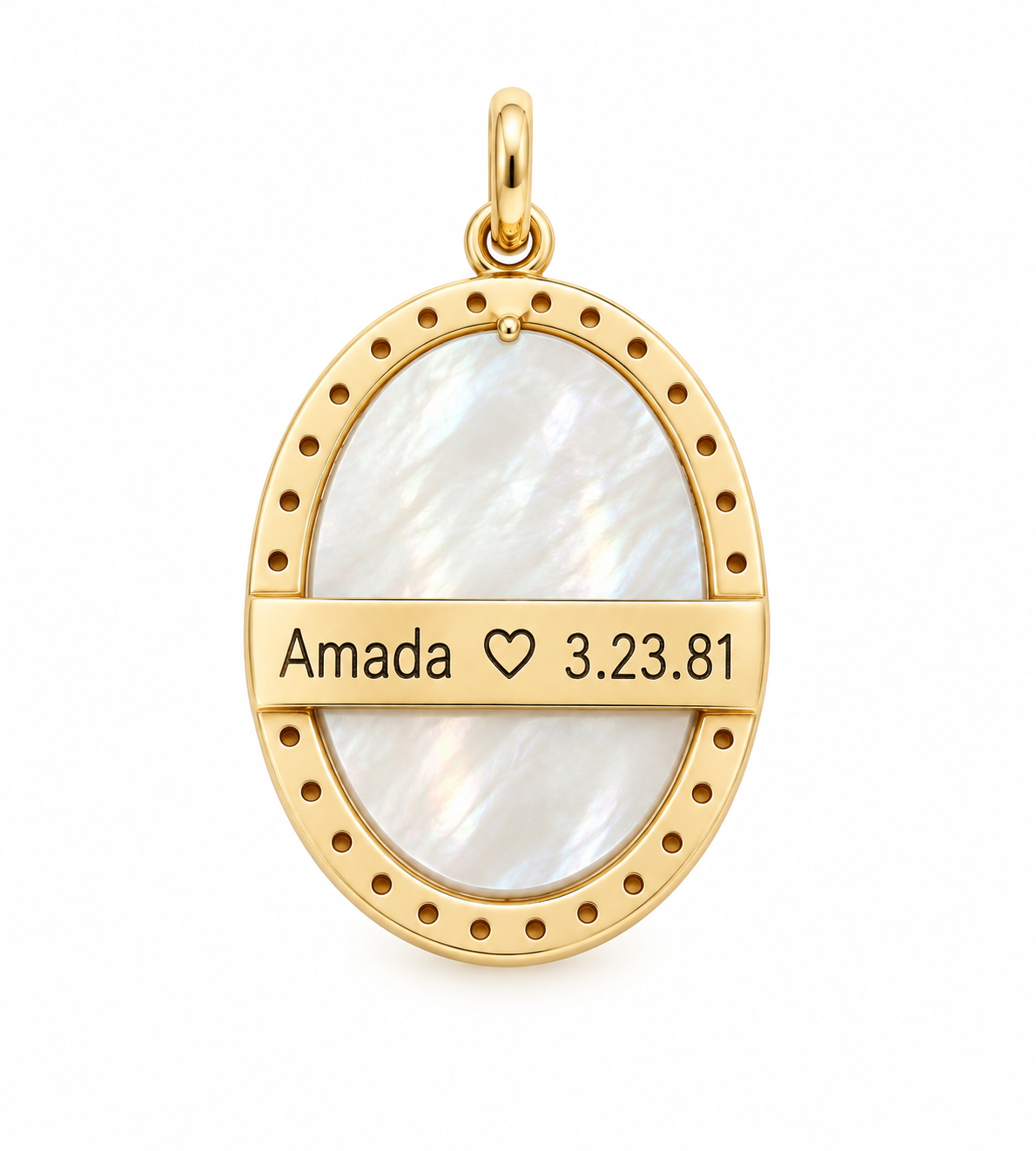 Back view of a 14K solid yellow gold Miraculous Medal featuring a mother-of-pearl inlay and a personalized engraving of your choice. Pendant measures 24.4 x 19.3 mm with a 4 mm bail.