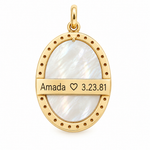 Back view of a 14K solid yellow gold Miraculous Medal featuring a mother-of-pearl inlay and a personalized engraving of your choice. Pendant measures 24.4 x 19.3 mm with a 4 mm bail.