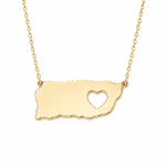 14K solid yellow gold Puerto Rico map necklace featuring a polished island-shaped plate with a heart cutout and delicate link chain on a pure white background.