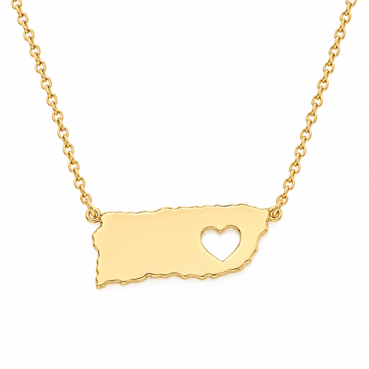 14K solid yellow gold Puerto Rico map necklace with a heart-shaped cutout and delicate link chain, photographed on a white background.