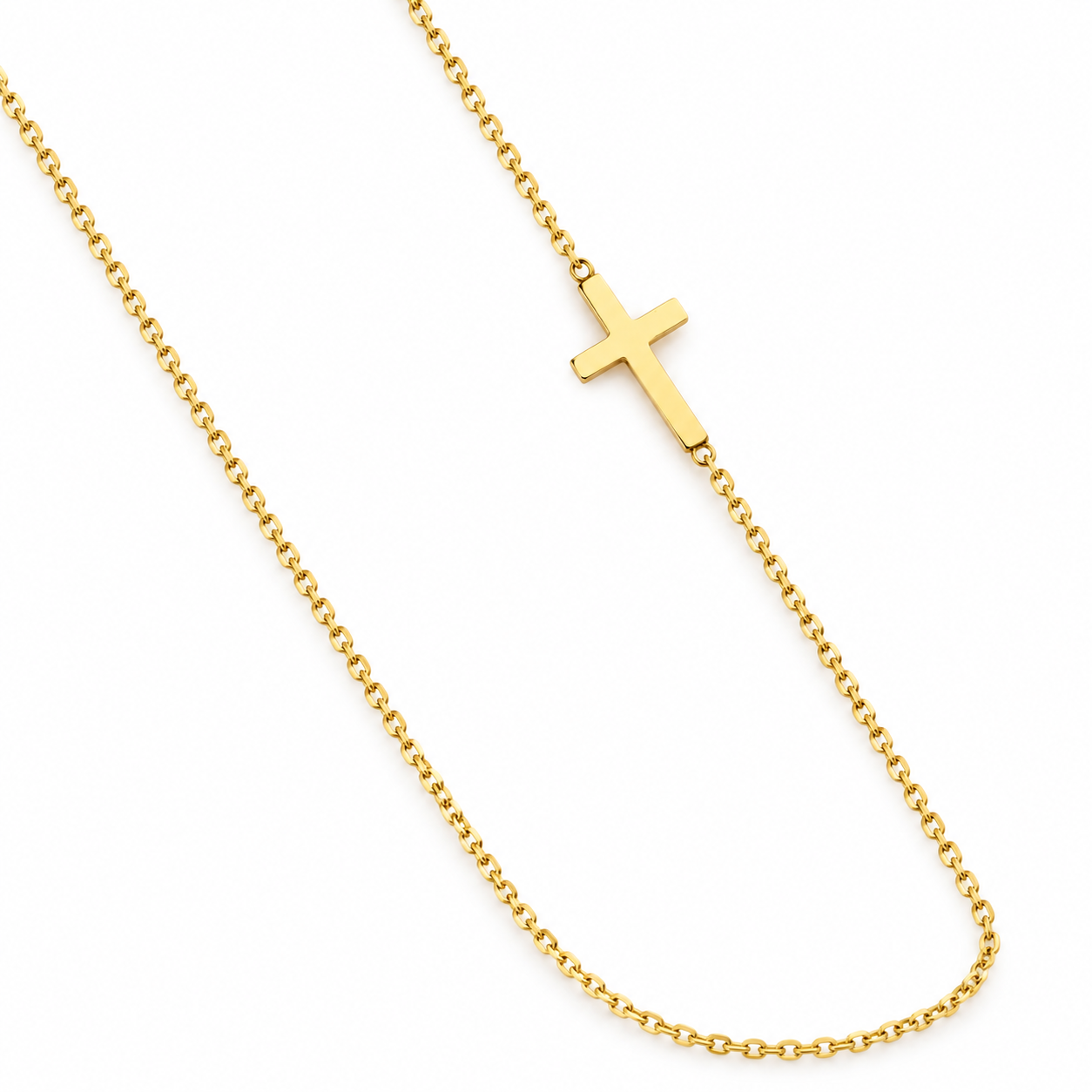 14K solid yellow gold sideways cross necklace with a polished cross and delicate link chain on a white background.