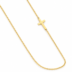 14K solid yellow gold sideways cross necklace with a polished cross and delicate link chain on a white background.