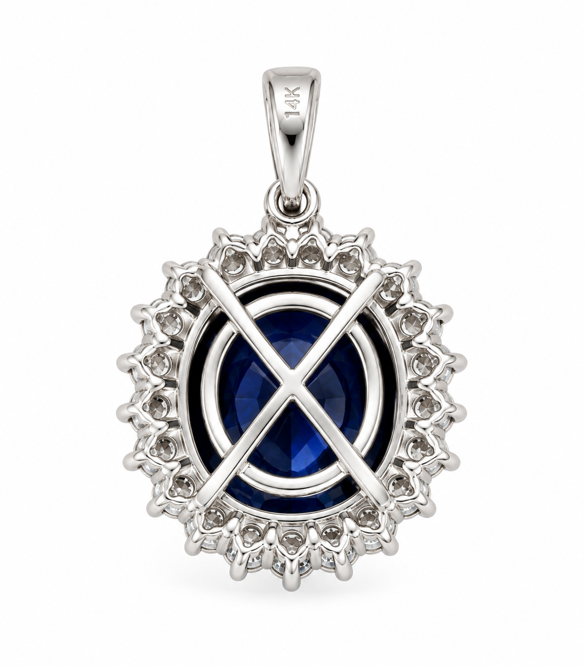 Back view of 14K solid white gold oval blue sapphire and diamond halo pendant with open gallery setting and polished bail on a white background.