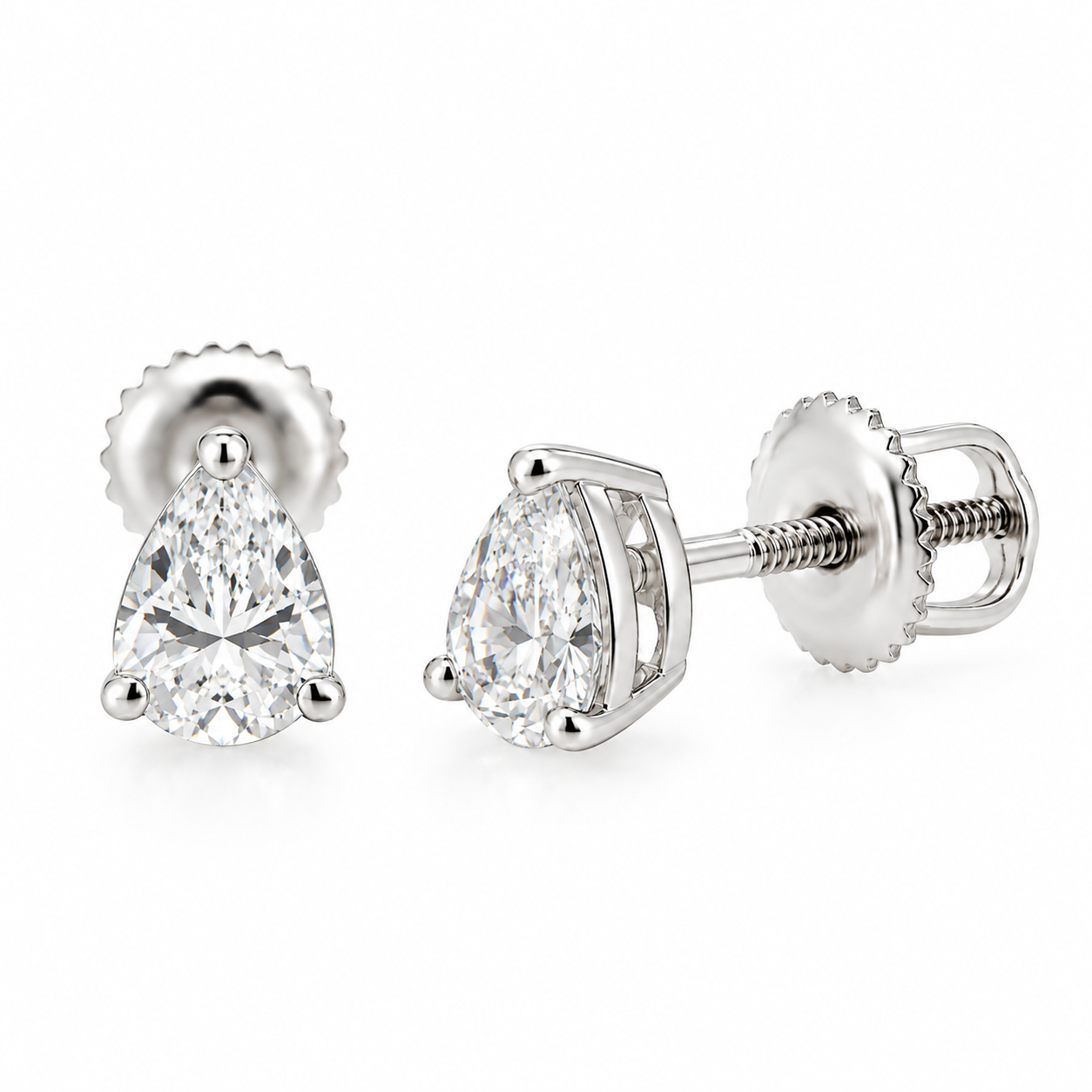 14K solid white gold pear-shaped lab-grown diamond stud earrings with 0.68 CTW and screw backs on a white background.