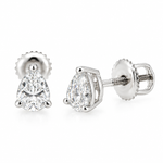 14K solid white gold pear-shaped lab-grown diamond stud earrings with 0.68 CTW and screw backs on a white background.