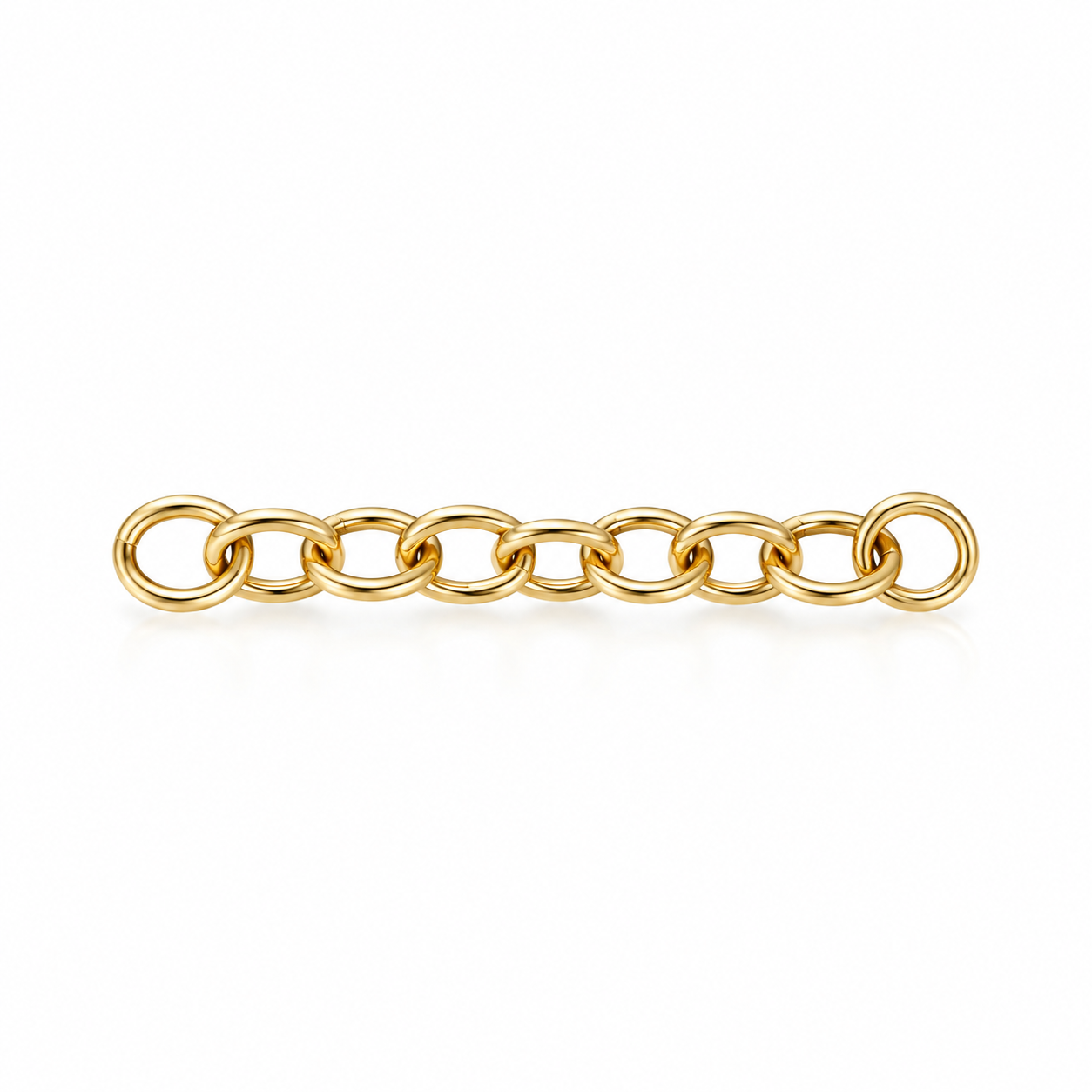 14K solid yellow gold 10-ring chain extender measuring approximately 1 1/4 inches long with 3.35mm rings on a white background.