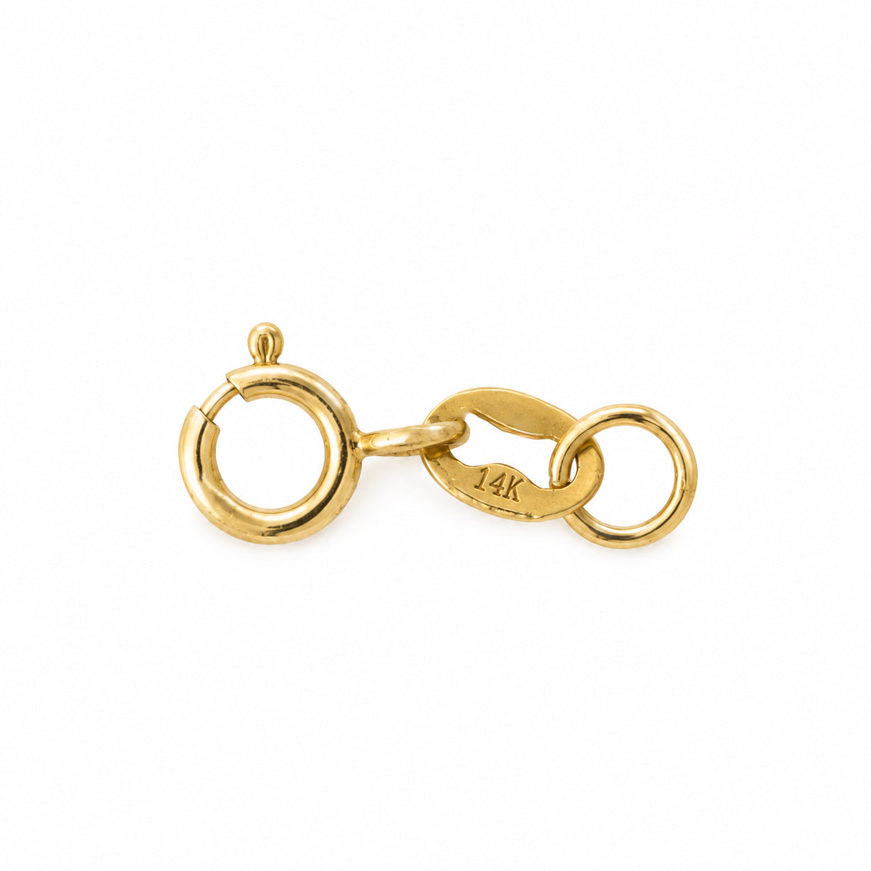14K solid yellow gold 5mm spring ring clasp set with 14K marked chain tag and 4mm jump ring on a white background.