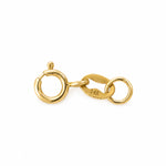 14K solid yellow gold 5mm spring ring clasp set with 14K marked chain tag and 4mm jump ring on a white background.