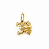 14K yellow gold frog charm featuring two clear stone eyes on a white background.