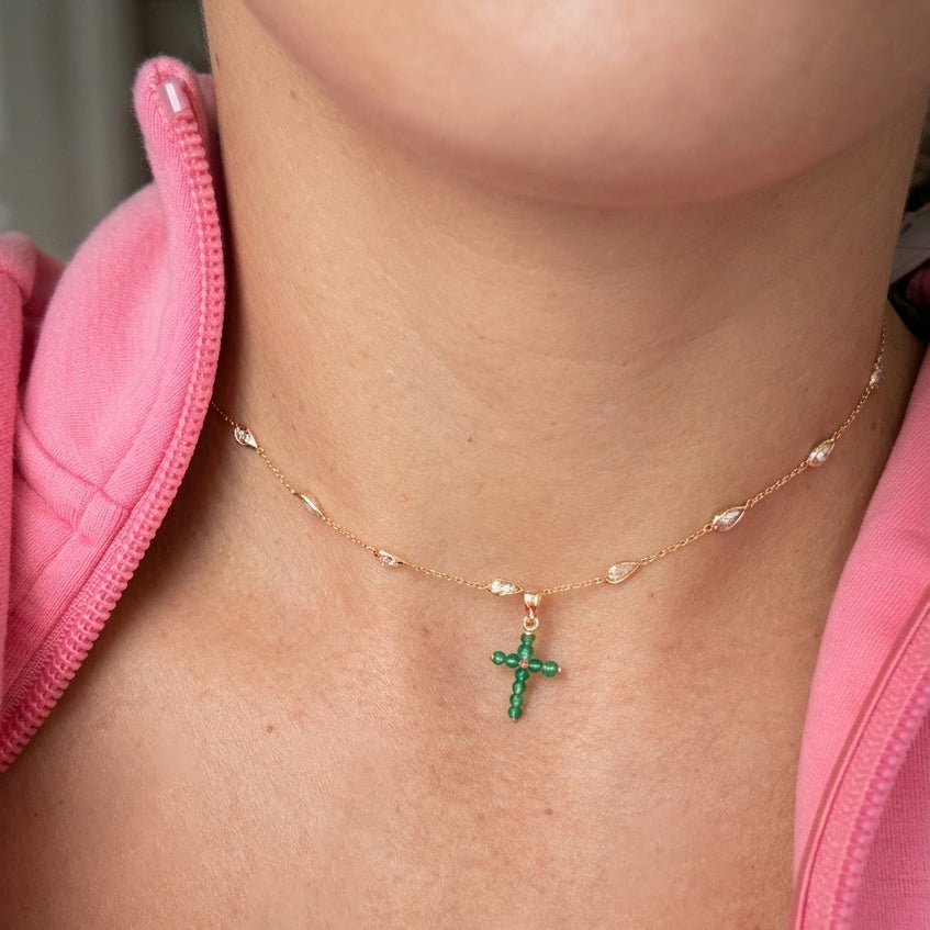 18K Solid Yellow Gold Pear Shape Lab Grown Diamond Necklace with Bezel Set Teardrop Diamonds Styled with Emerald Cross Pendant