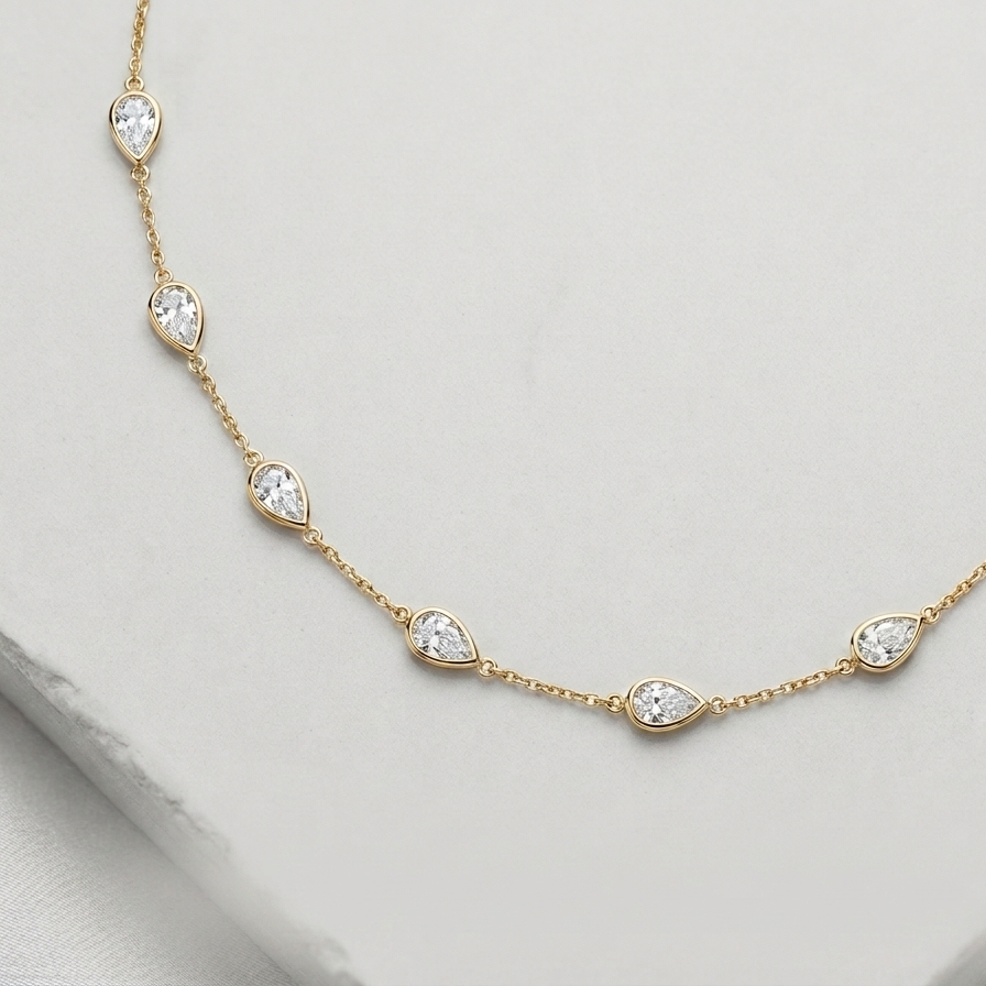 18K Solid Yellow Gold Pear Shape Lab Grown Diamond Station Necklace with 10 Bezel Set Teardrop Diamonds