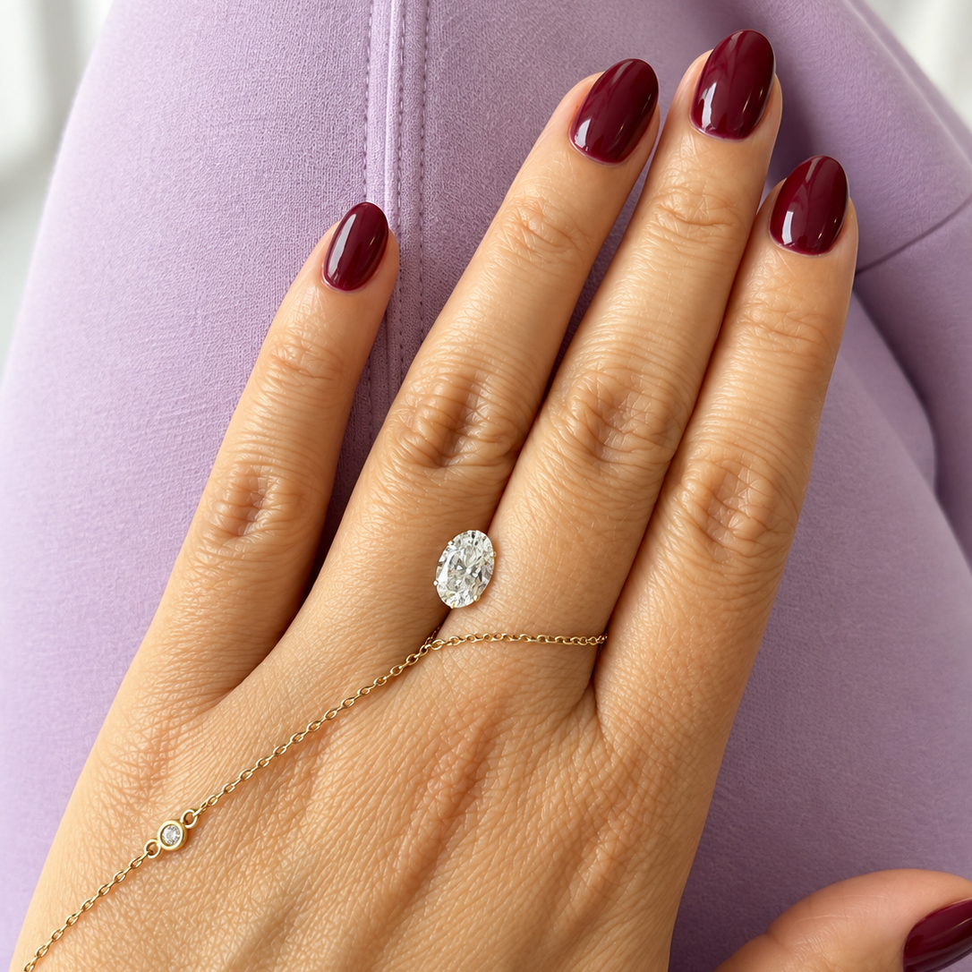 Oval loose lab-grown diamond displayed on hand with delicate gold chain against a soft lavender background.
