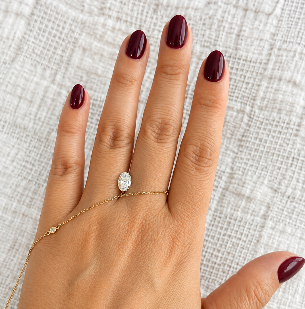 IGI certified 1.07 CT oval lab-grown diamond, E color and VVS2 clarity, displayed on hand for size reference.