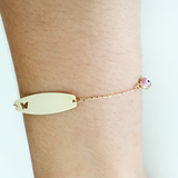 14K Solid Yellow Gold ID Bracelet with Butterfly Silhouette & Pink Evil Eye
