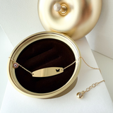 14K Solid Yellow Gold ID Bracelet with Butterfly Silhouette & Pink Evil Eye
