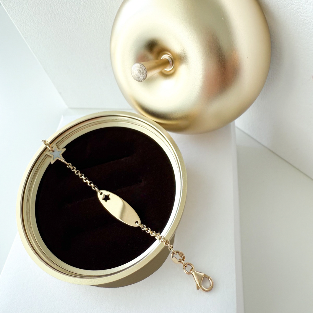 14K Solid Yellow Gold Mother of Pearl Charm ID Bracelet
