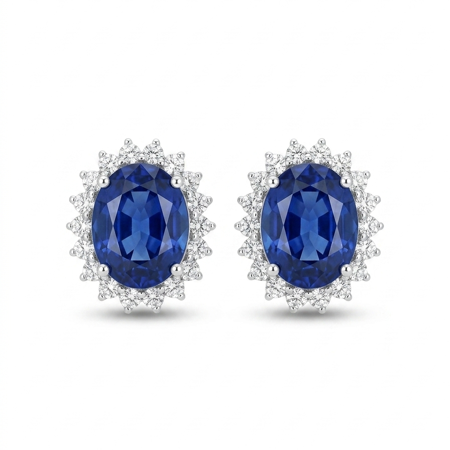 Front view of 14K white gold lab-grown blue sapphire halo stud earrings with sparkling diamond accents.