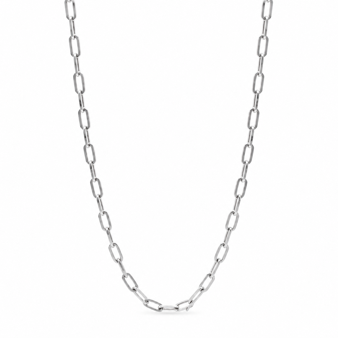 925 Sterling Silver Paperclip Chain Necklace with elongated polished links on a white background
