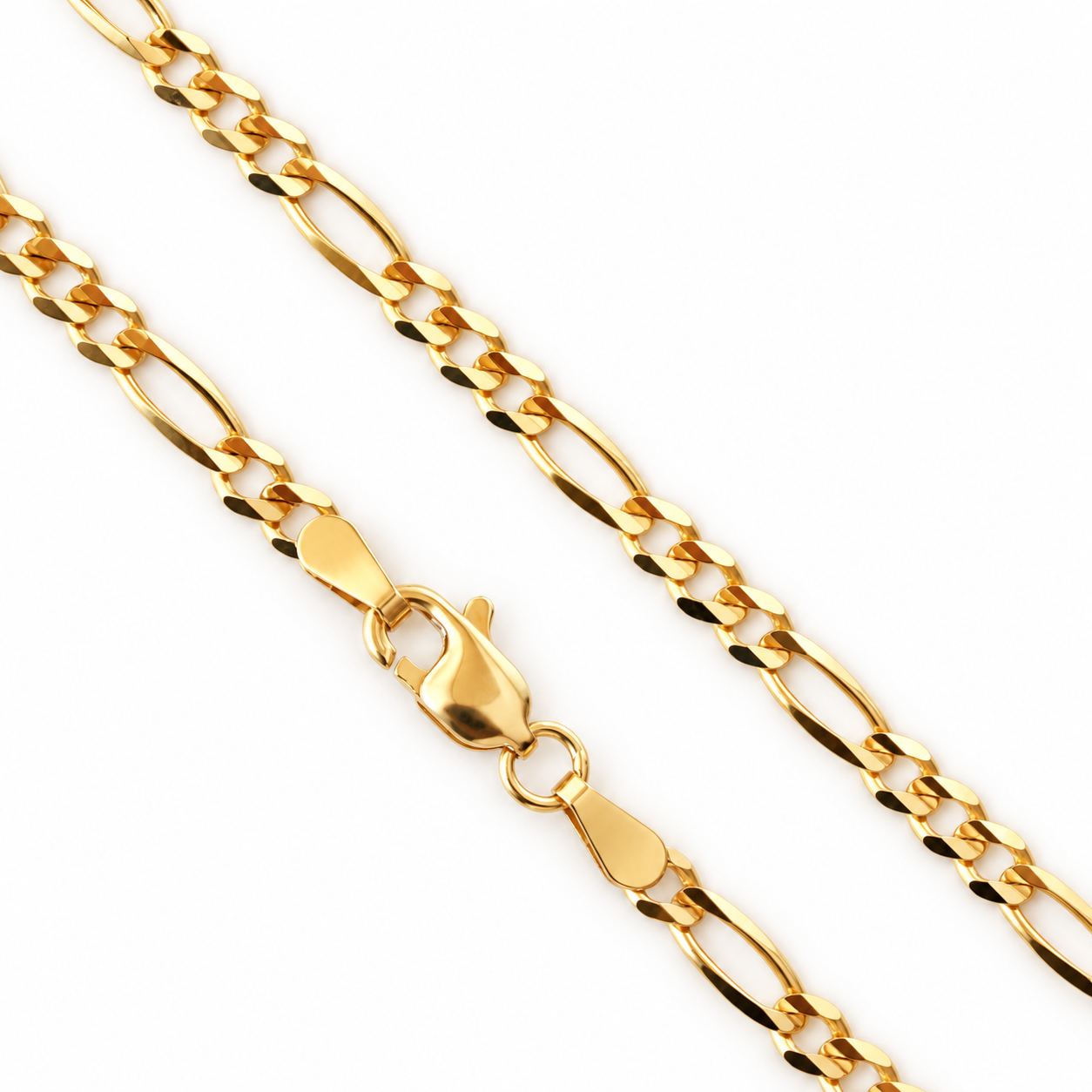 14K solid yellow gold 3mm Figaro chain with lobster clasp on a white background