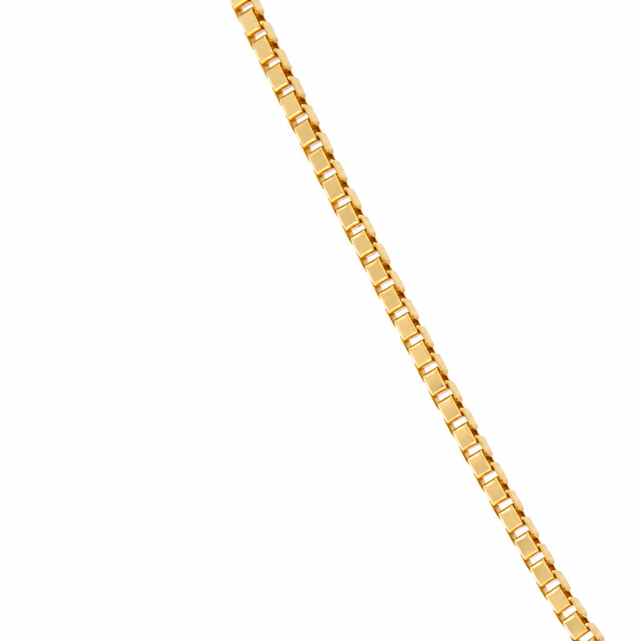 14K solid yellow gold 1.35mm box chain with polished square links on a white background