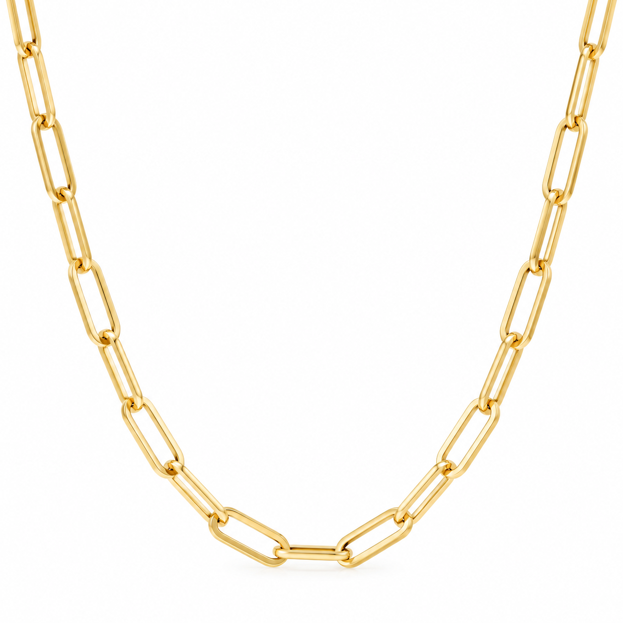 14K solid yellow gold 3mm paperclip chain with 10mm elongated links on a white background