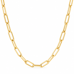 14K solid yellow gold 3mm paperclip chain with 10mm elongated links on a white background