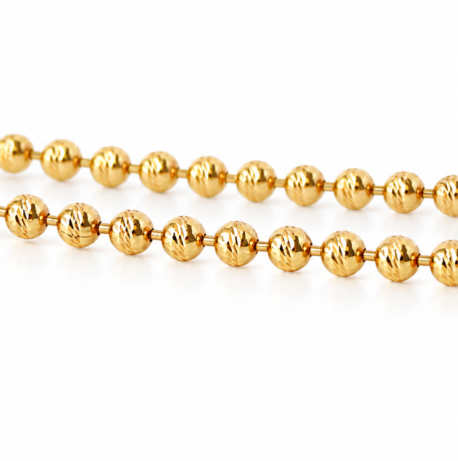 14K solid yellow gold 3mm diamond-cut bead bracelet with lobster clasp on a white background