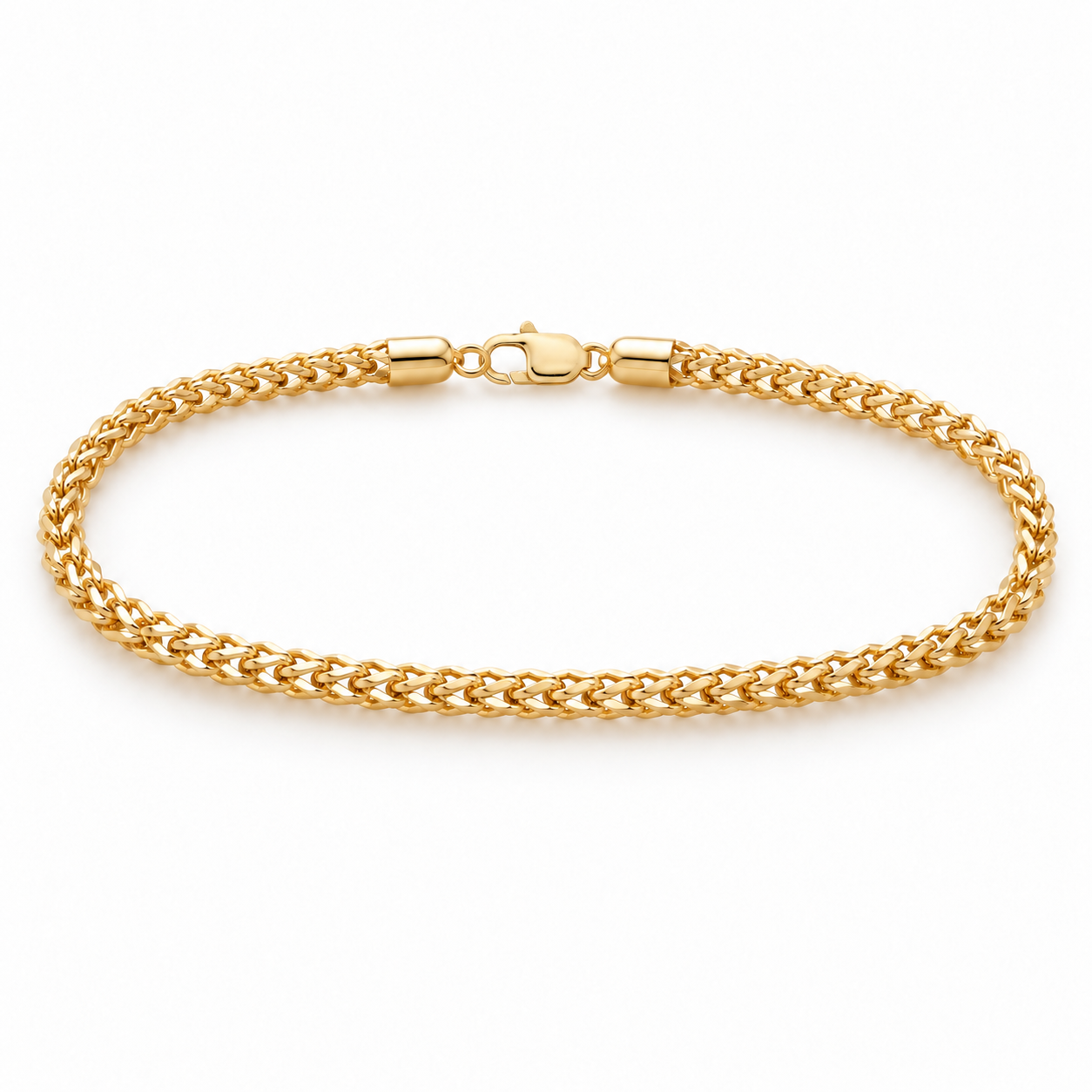 14K solid yellow gold 3.5mm Franco bracelet with open airy links and lobster clasp on a white background
