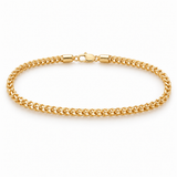 14K solid yellow gold 3.5mm Franco bracelet with open airy links and lobster clasp on a white background