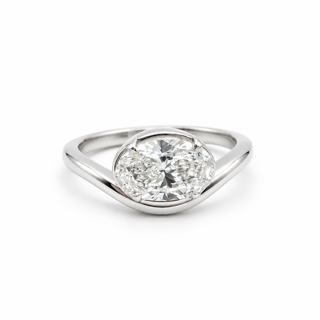 14K solid white gold bezel diamond bypass ring with 1.01ct lab-grown oval diamond on a white background