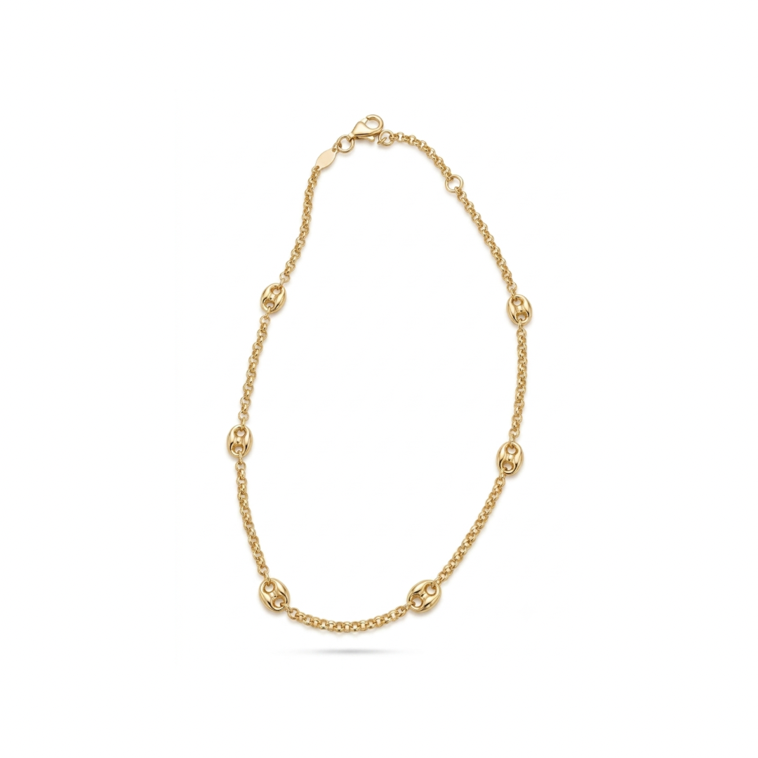 14K solid yellow gold rolo chain anklet featuring polished mariner links and a fancy lobster clasp on a white background.