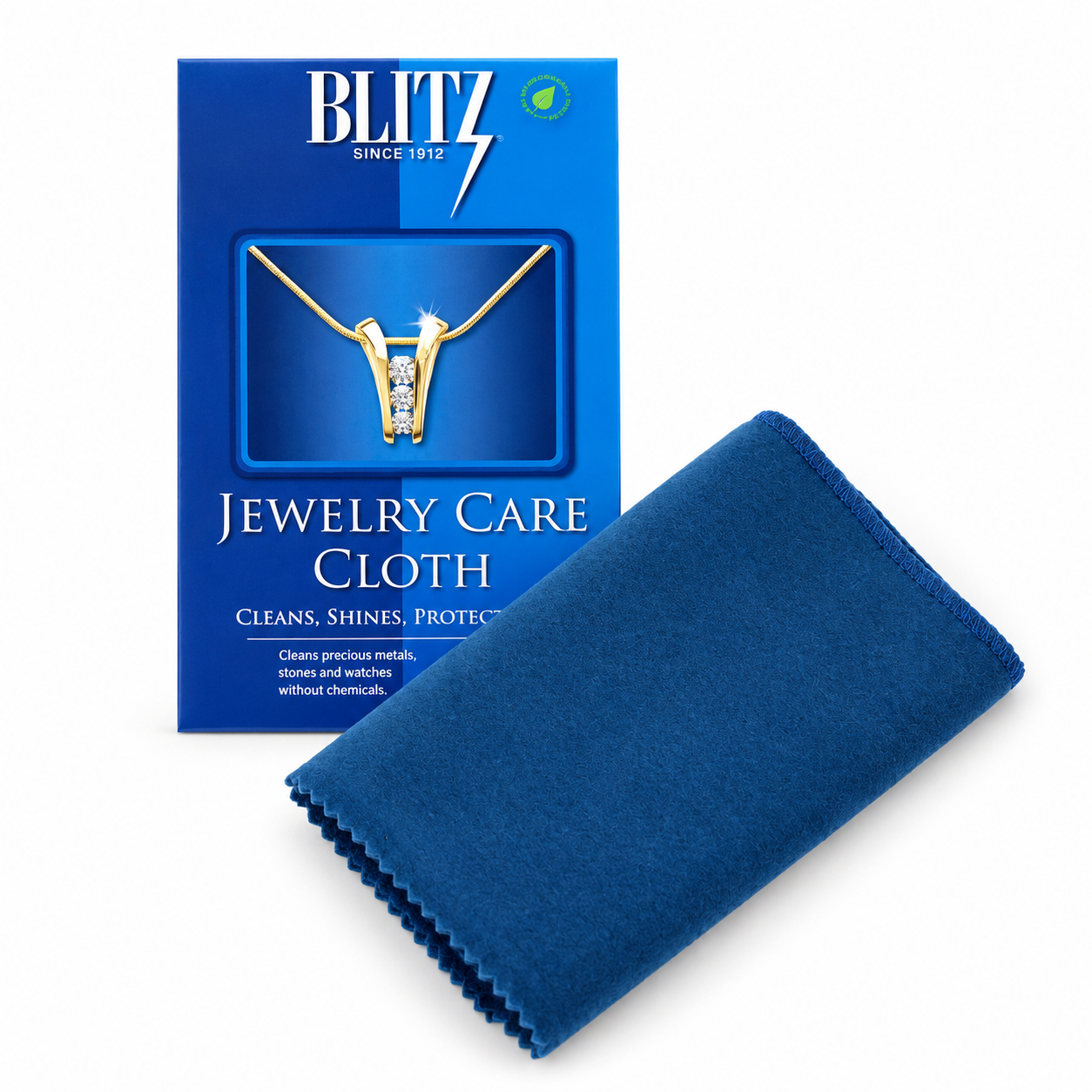 Blue Blitz jewelry care cloth with matching product packaging on a white background.
