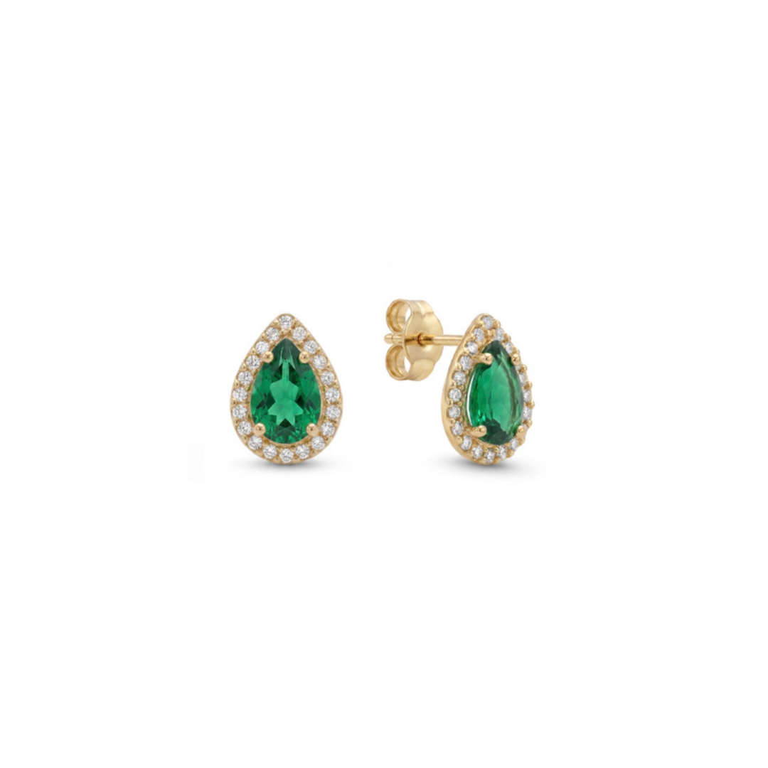 14K solid yellow gold pear shaped green emerald CZ halo stud earrings with sparkling clear CZ accents.