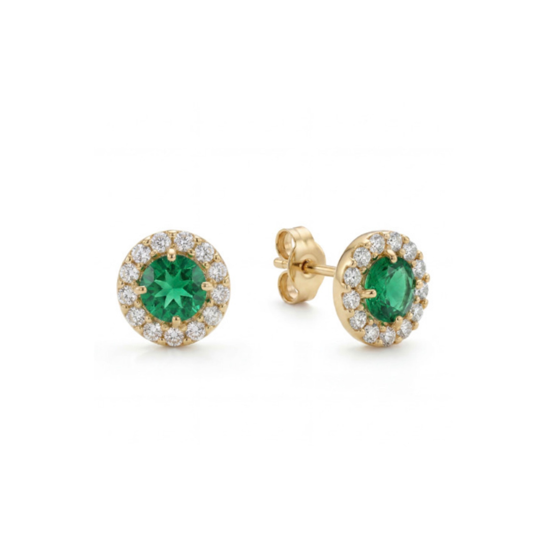 14K solid yellow gold round green emerald CZ halo stud earrings with sparkling clear CZ accents on white background.