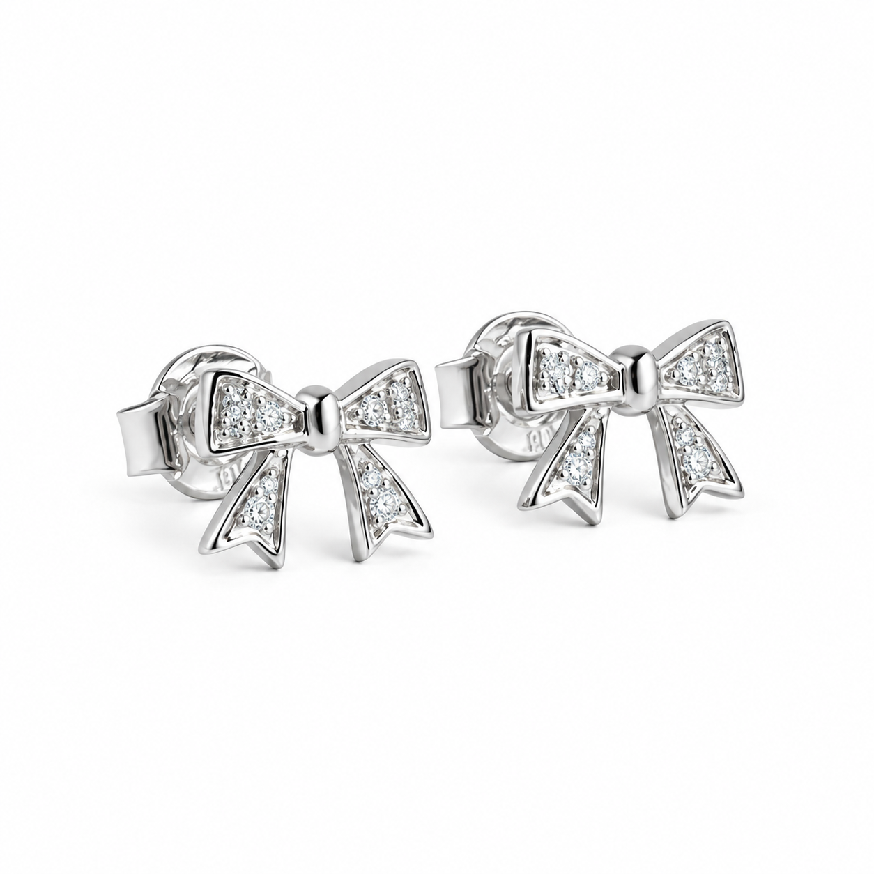 10K solid white gold bow stud earrings with pavé diamonds