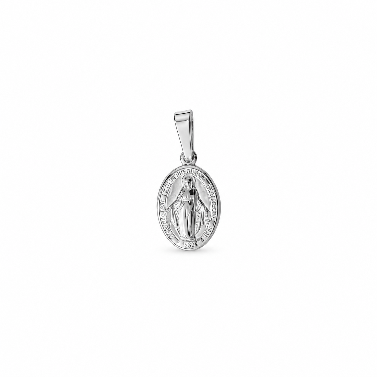 A 925 sterling silver miraculous medal with an image of the Virgin Mary in the center, surrounded by decorative detailing, displayed against a white background.