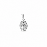A 925 sterling silver miraculous medal with an image of the Virgin Mary in the center, surrounded by decorative detailing, displayed against a white background.