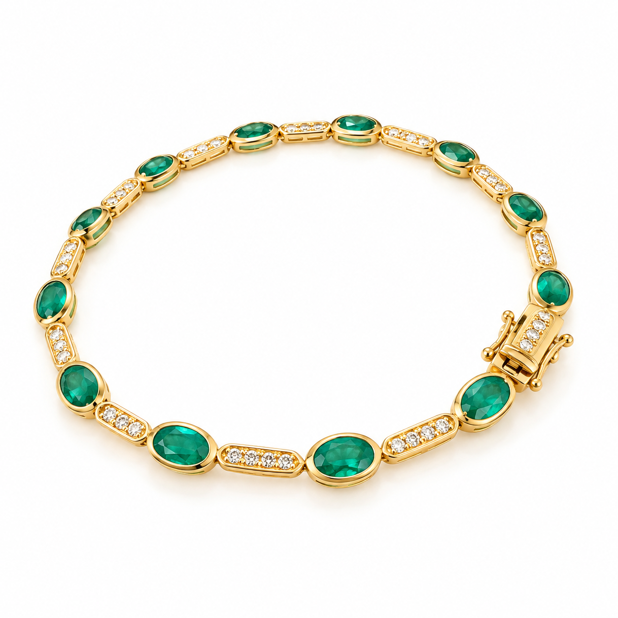 14K Yellow Gold Emerald & Diamond Tennis Bracelet – Oval Emeralds 5CT, 6.75”